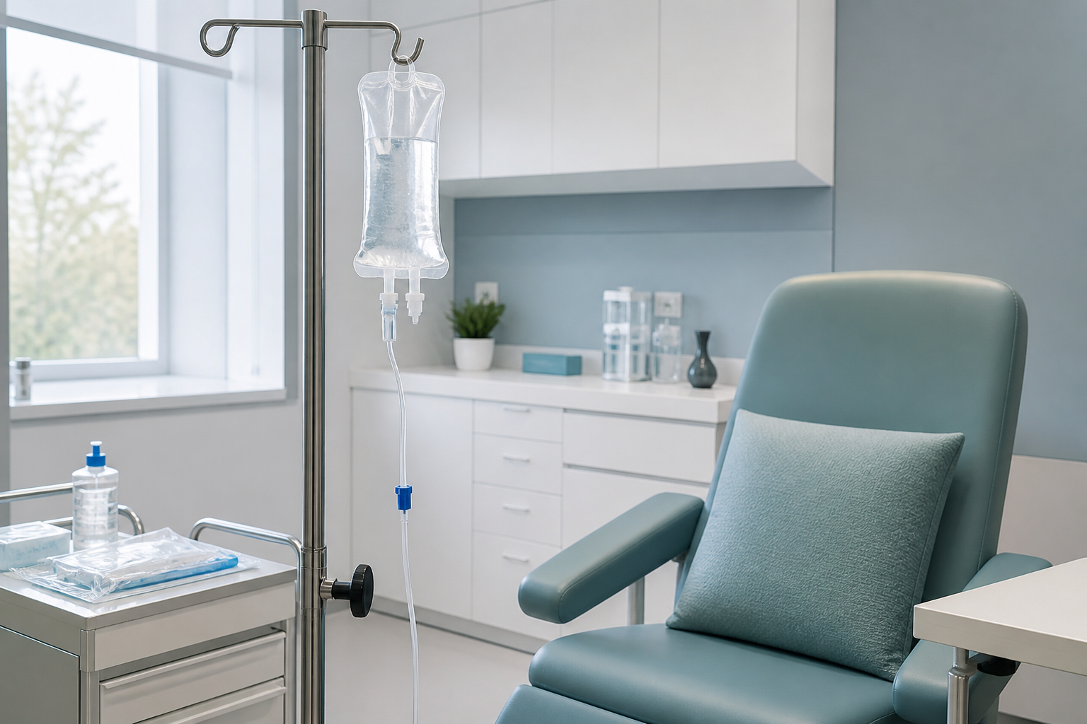 Poltrona e attrezzatura per somministrazione infusionale in ambiente medico